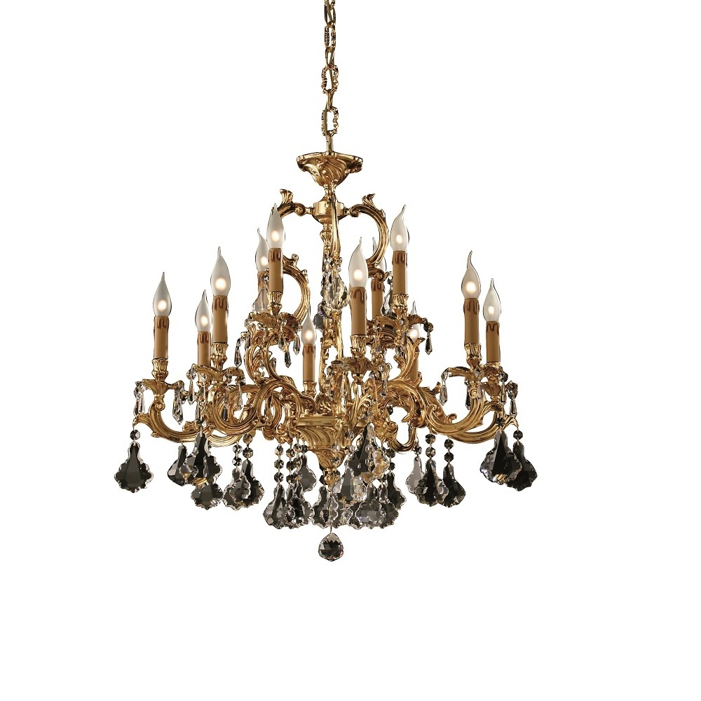 TOP QUALITY 12-LIGHT CHANDELIER MADE IN ITALY IN CAST BRASS AND CRYSTAL. . FINISH  ANTIQUE  GOLD