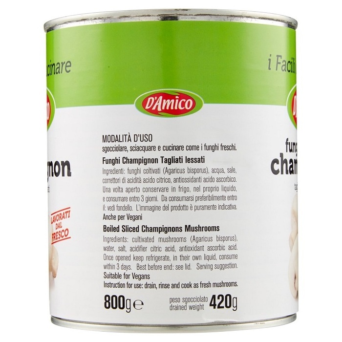 Best quality Canned Mushroom Slice D'Amico gr. 800 Canned Vegetable Mushroom in brine Champignon in tin 100% Italian Product