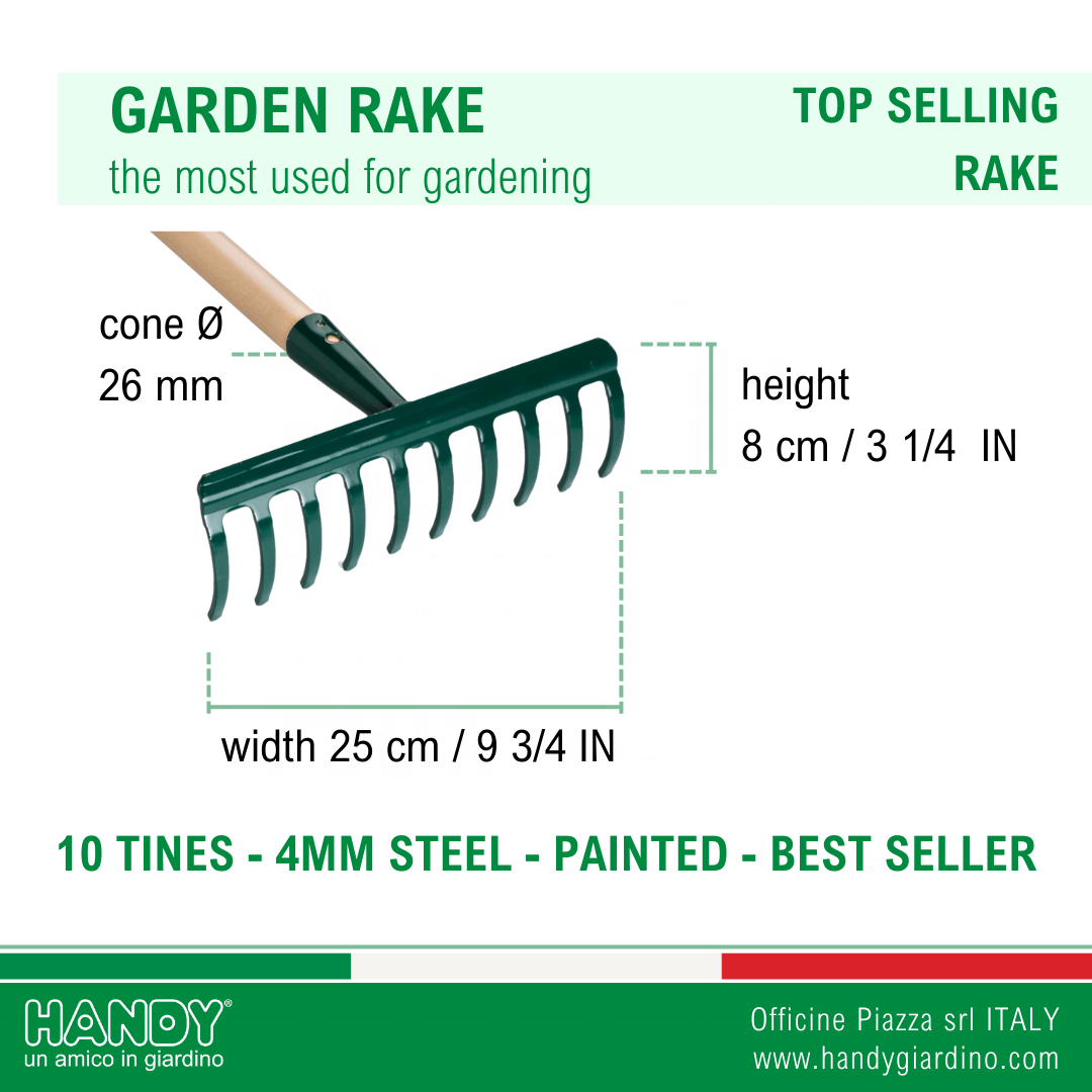 Quality tool made in Italy steel rake 10 tines handle 120cm for farming agriculture gardening