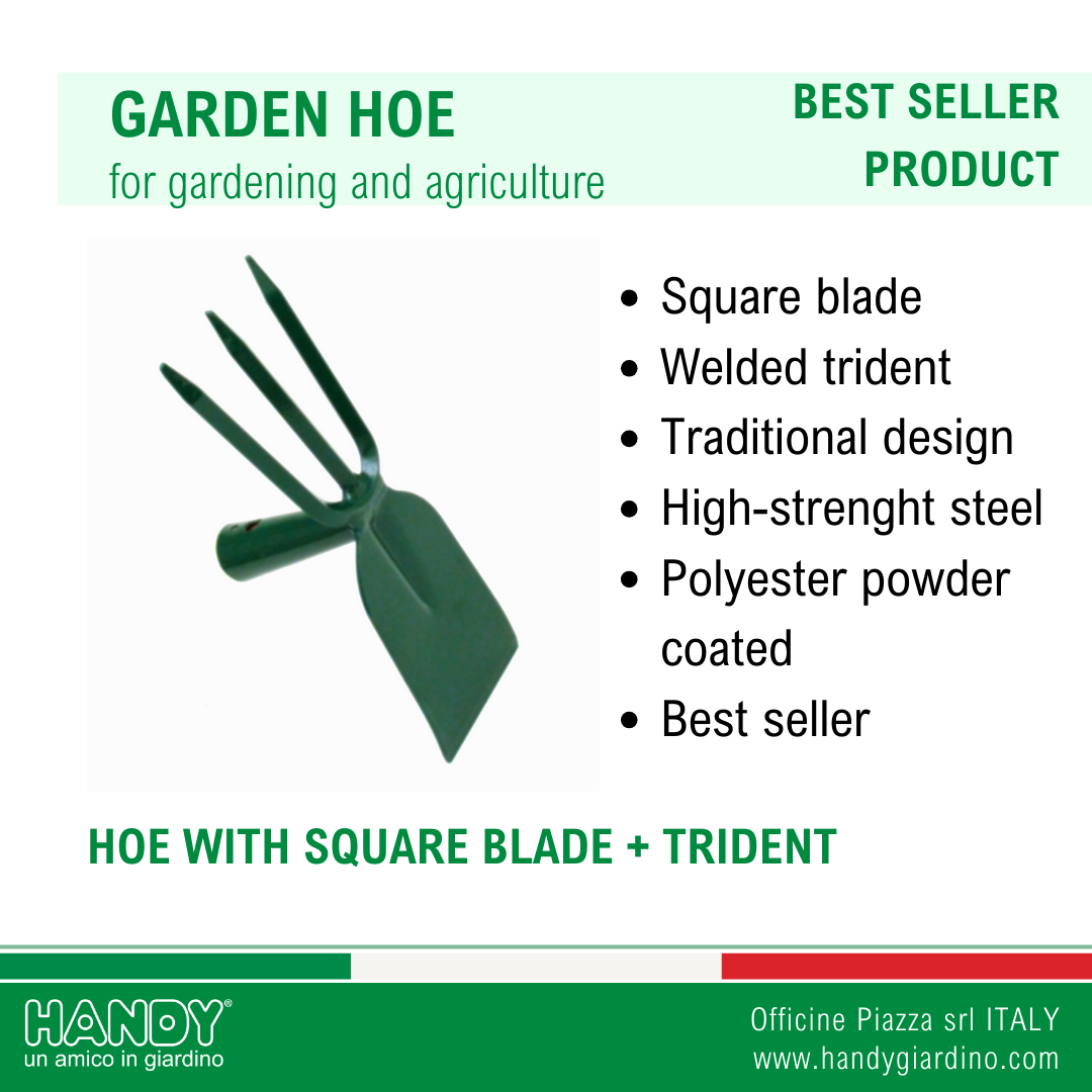 Italian quality steel hoe square and trident with handle 120 cm for gardening and farming