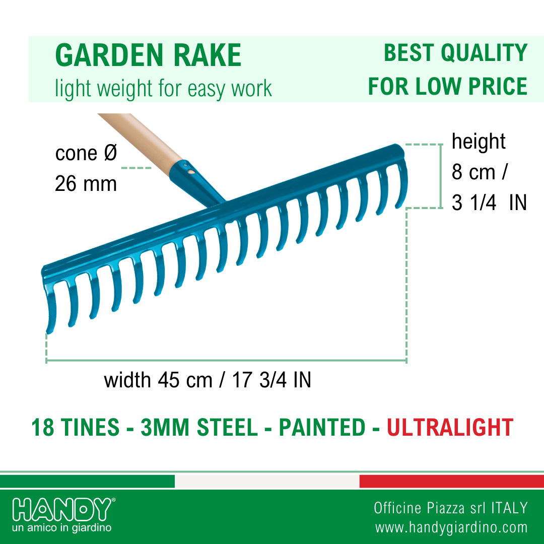 High quality Italian tool ultralight strong steel rake 18 tines for gardening maintenance