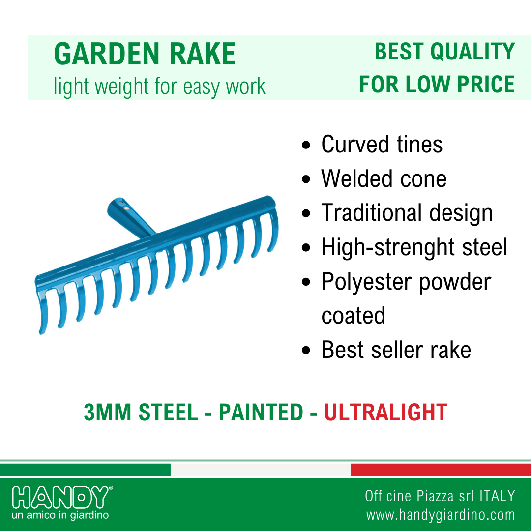 High quality Italian tool ultralight strong steel rake 18 tines for gardening maintenance