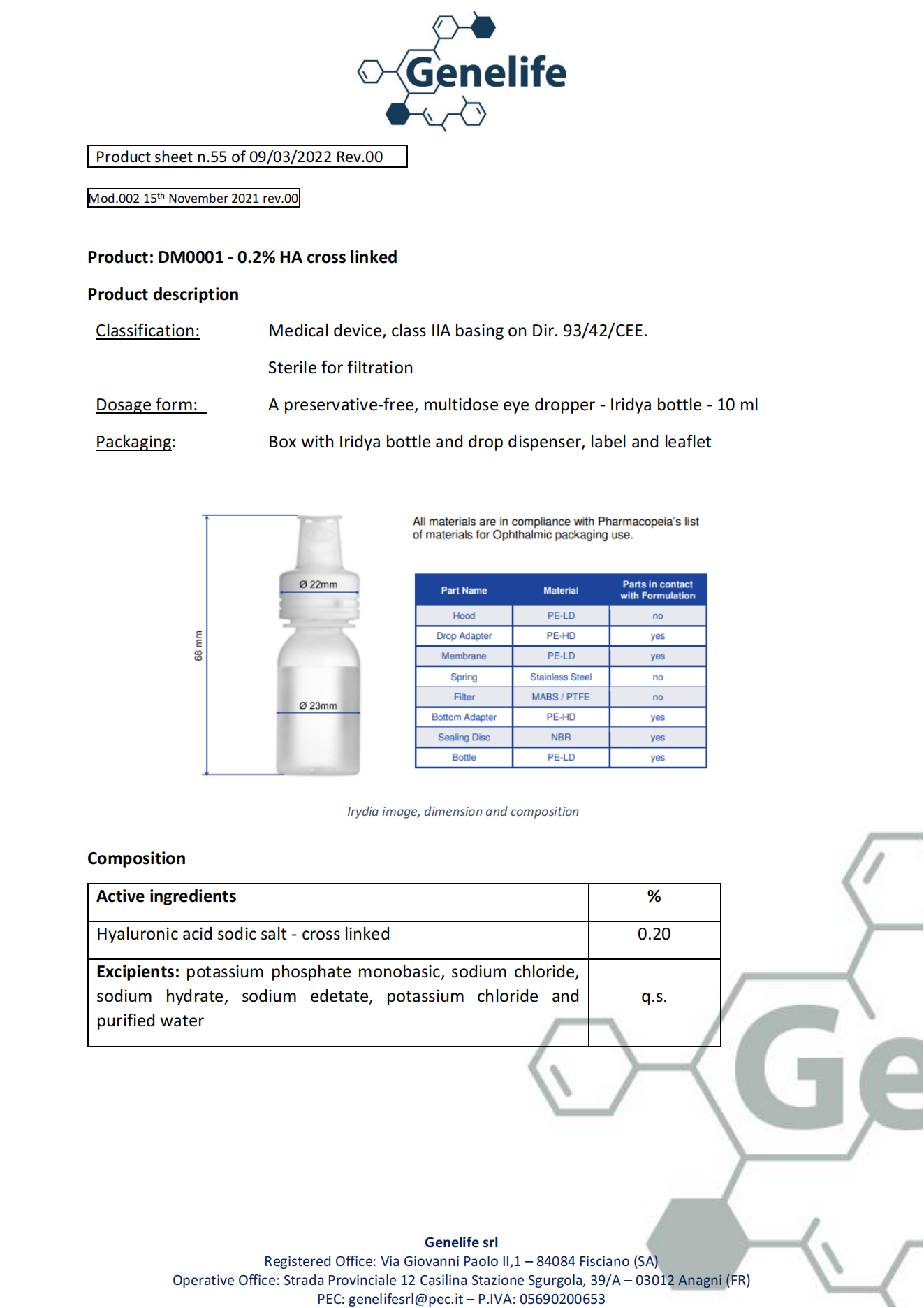 DM0001 - 0.2% Ha Cross Linked Ocular Drop Preservative-Free Multidose Eye Dropper Iridya Bottle 10 Ml