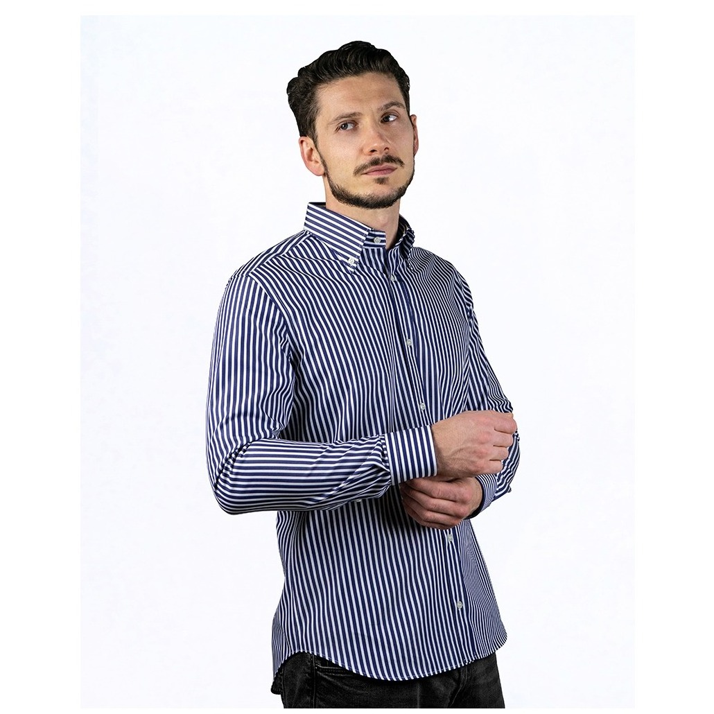 Men shirt in extra fine 100% cotton white and navy stripes following the Made in Italy tradition export