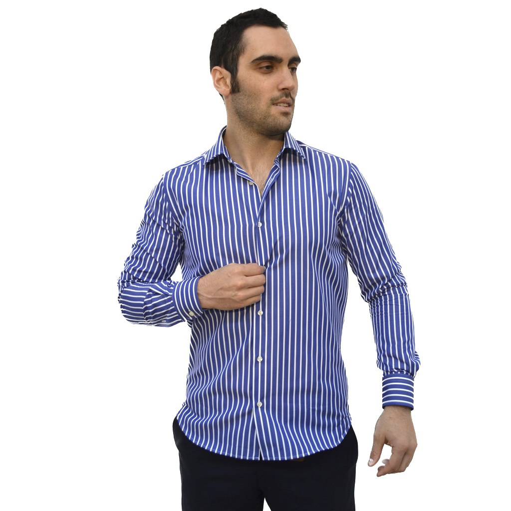 Men shirt in 100% high quality cotton white and light blue stripes following the Made in Italy tradition export