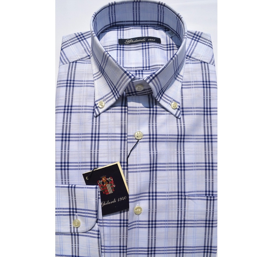 Men shirt in 100% high quality cotton white and blue check with pocket following the Made in Italy tradition export Italian styl