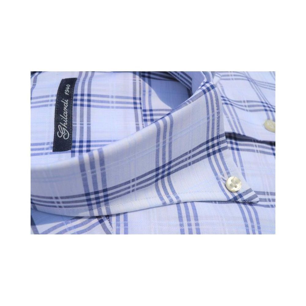 Men shirt in 100% high quality cotton white and blue check with pocket following the Made in Italy tradition export Italian styl