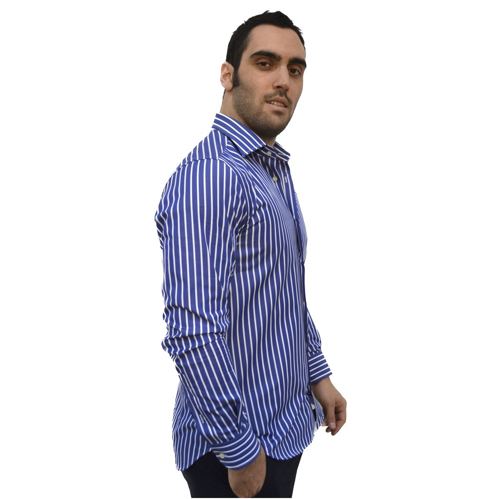 Men shirt in 100% high quality cotton white and light blue stripes following the Made in Italy tradition export