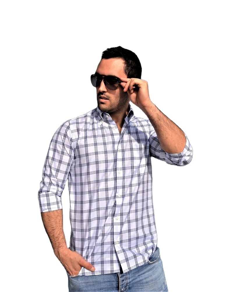 Men shirt in 100% high quality cotton white and blue check with pocket following the Made in Italy tradition export Italian styl