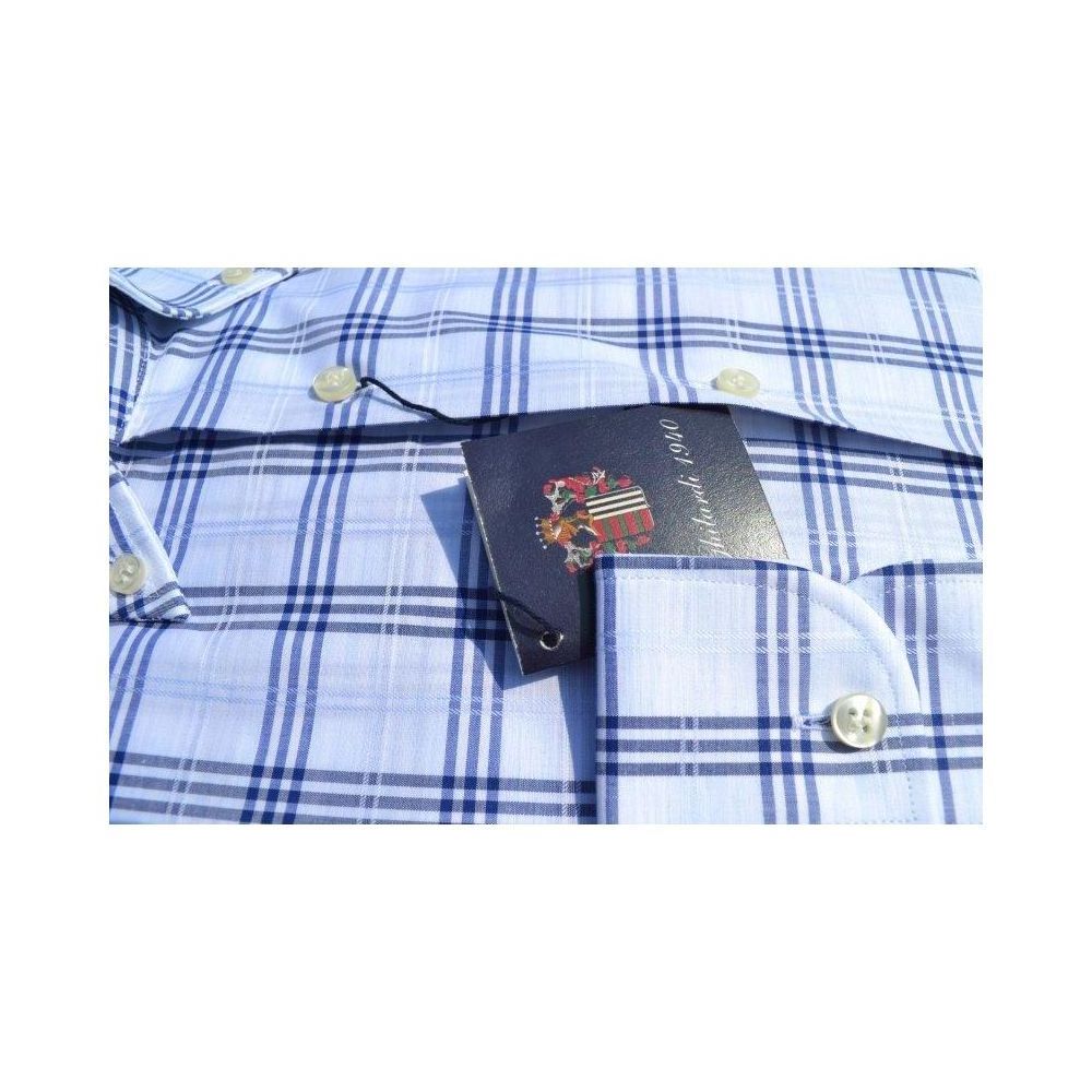 Men shirt in 100% high quality cotton white and blue check with pocket following the Made in Italy tradition export Italian styl