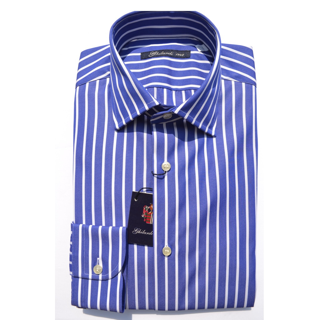 Men shirt in 100% high quality cotton white and light blue stripes following the Made in Italy tradition export