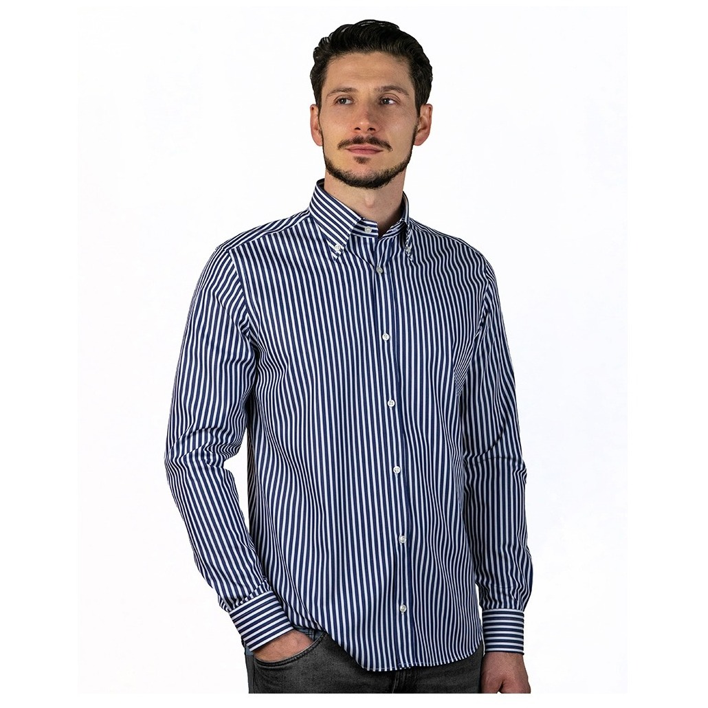 Men shirt in extra fine 100% cotton white and navy stripes following the Made in Italy tradition export