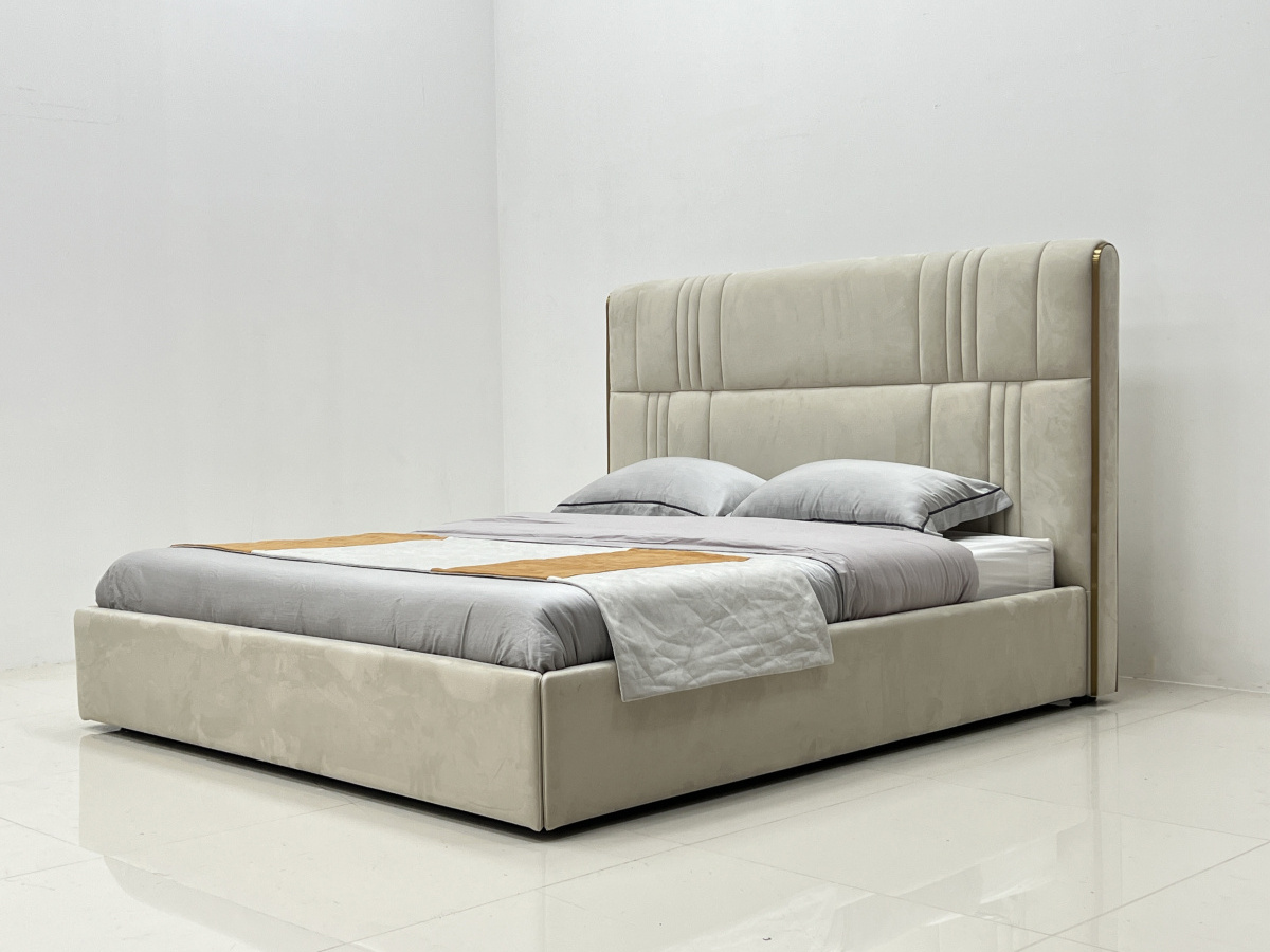 Modern High Headboard Bed Frame Wooden Storage Luxury Bed Set King Size Half Leather Beds