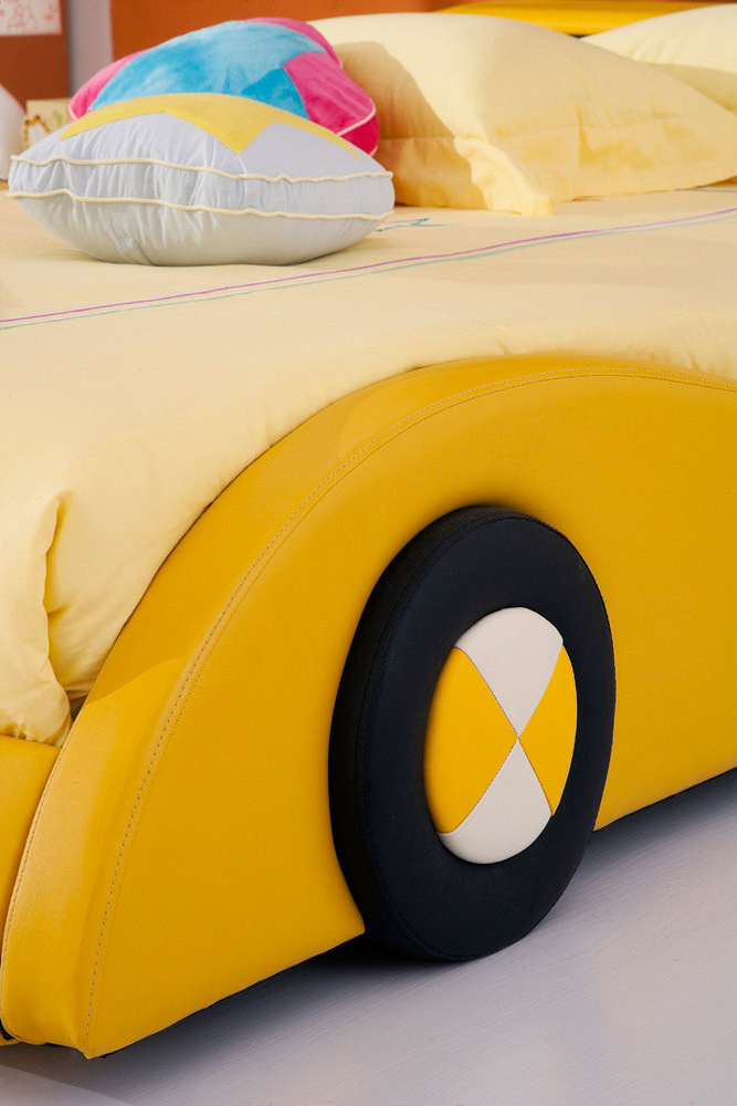 Modern fashion yellow upholstered children kids car bed