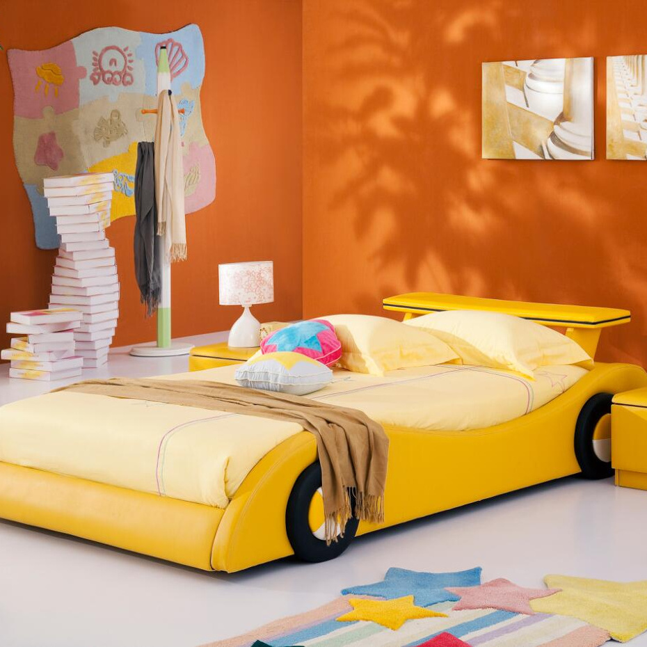 Modern fashion yellow upholstered children kids car bed