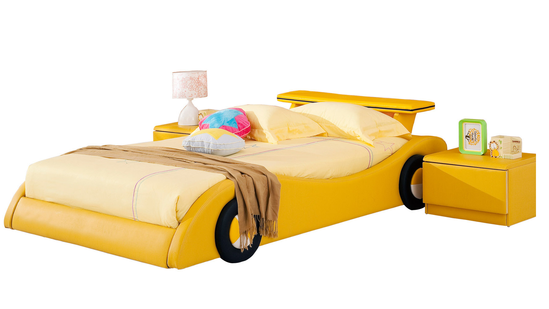 Modern fashion yellow upholstered children kids car bed