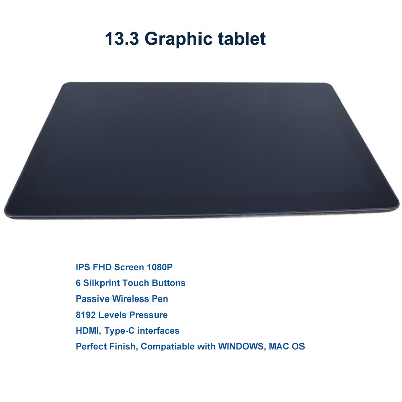 High Quality Graphic Tablet 8192 Level Pressure 266PPS Drawing Monitor Signature Pad 10points Capacitive Touch Black 13.3 Inches