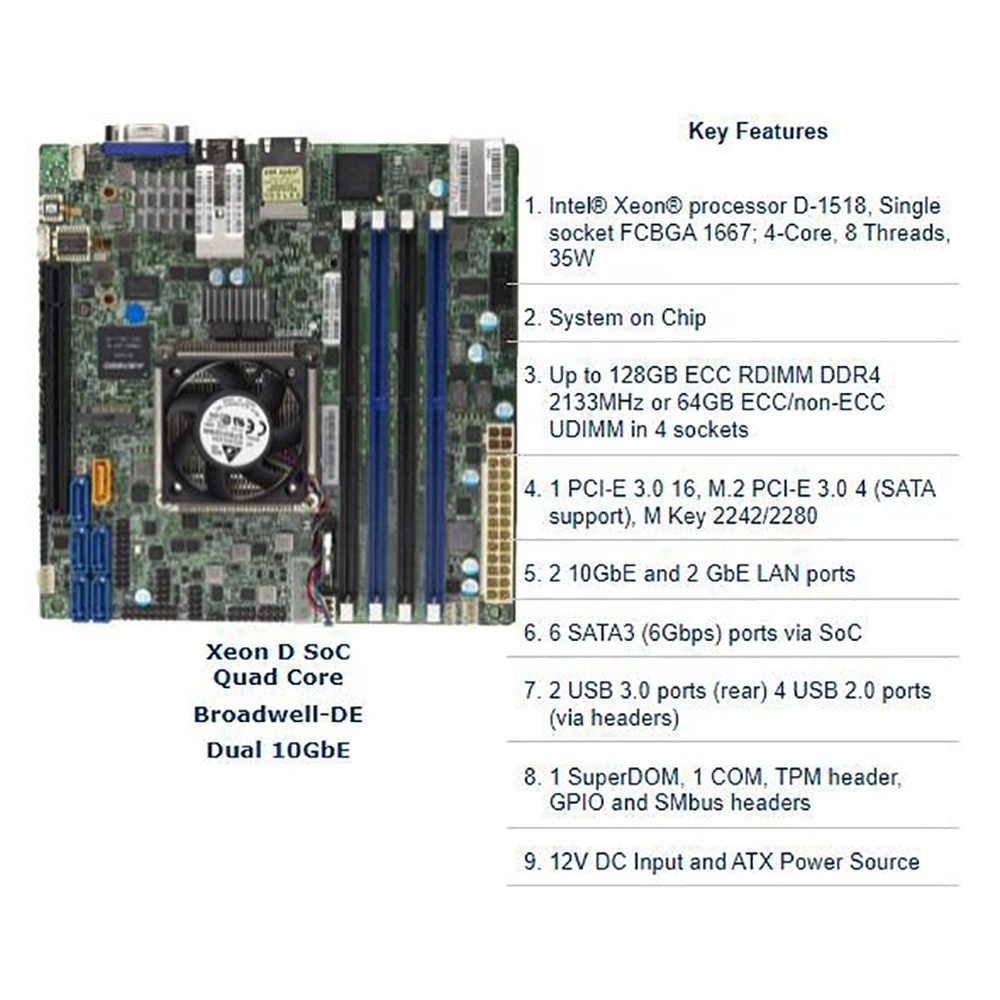 New X10SDV-4C+-TLN4F Motherboard For Supermicro Xeon Processor D-1518 DDR4 PCI-E 3.0 SATA3 USB3.0 Mini-ITX Works Perfectly