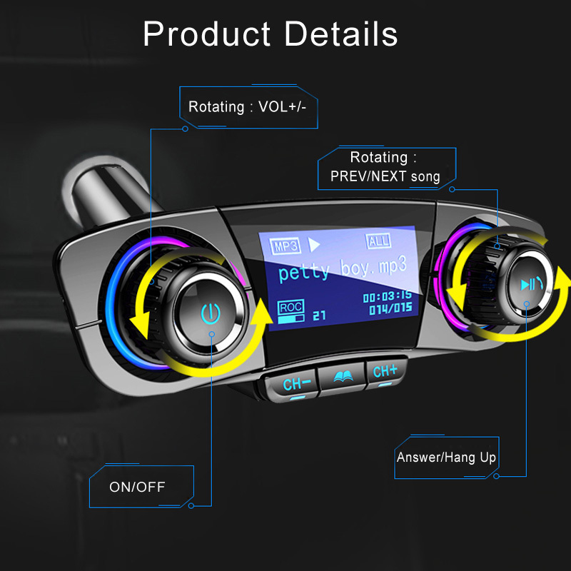 PSDA FM Transmitter Aux Modulator Wireless 5.0 Handsfree Car Kit Car Audio MP3 Player w/ Smart Charge Dual USB Car Charger