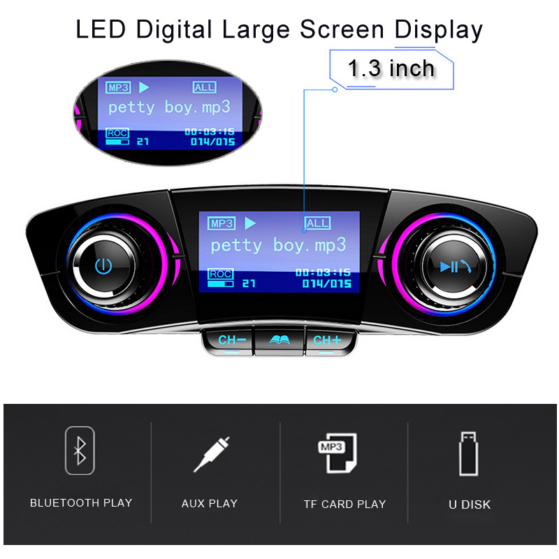 PSDA FM Transmitter Aux Modulator Wireless 5.0 Handsfree Car Kit Car Audio MP3 Player w/ Smart Charge Dual USB Car Charger