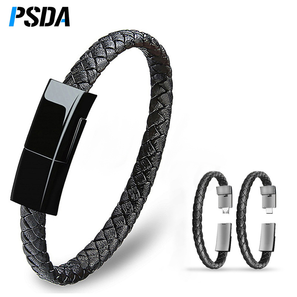 PSDA Outdoor Portable Leather Mini Micro USB Bracelet Charger Data Charging Cable Sync Cord For Android Type-C Phone Cable