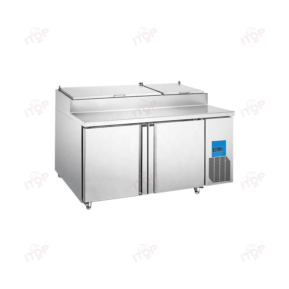 Commercial Restaurant Workbench Fridge 2400 Mm Length Work Table 3 Door Pizza Prep Counter Salad Bar Table