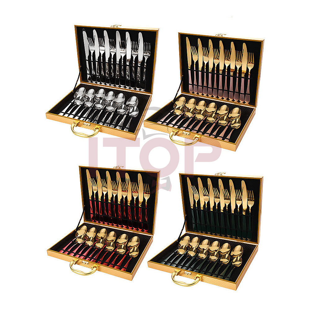 ITOP Hot Sale 24 Pieces Cuberteria Table Top Forks Spoons Knives Portable Tableware Set With Hanging Holder