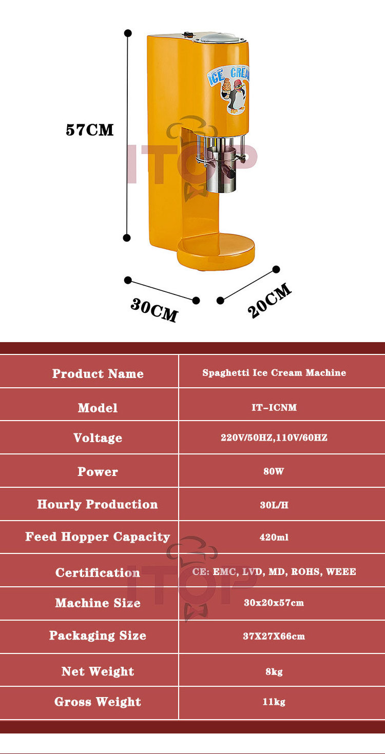 Spaghetti Press Ice Cream Machine 80WMold Pasta Italy Spaghetti 30L/H Gelato Noodle Ice Cream Machine