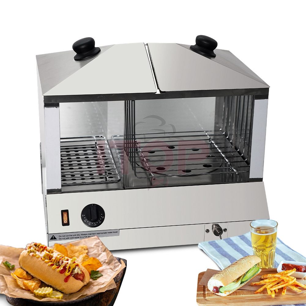 Stainless Steel Food Warmer Display Showing Baking Kitchen Machine Bao Dimsum 60 Bun Steamer with Glass