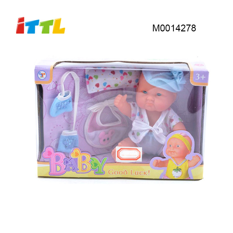 Beautiful lifelike lovely baby toys 6 inch baby doll with 3D blinking eyes motorbike desk