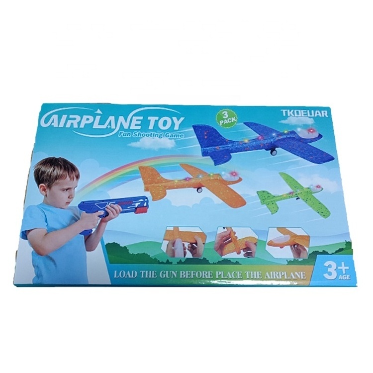 ITTL 35cm non-toxic catapult gun airplane toy with 3 colors EVA foam planes and full lights plane shooter toy for kids