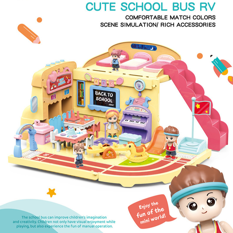 ITTL Assembled lovely bus role pretend play educational toys toddlers mini scene school bus toy