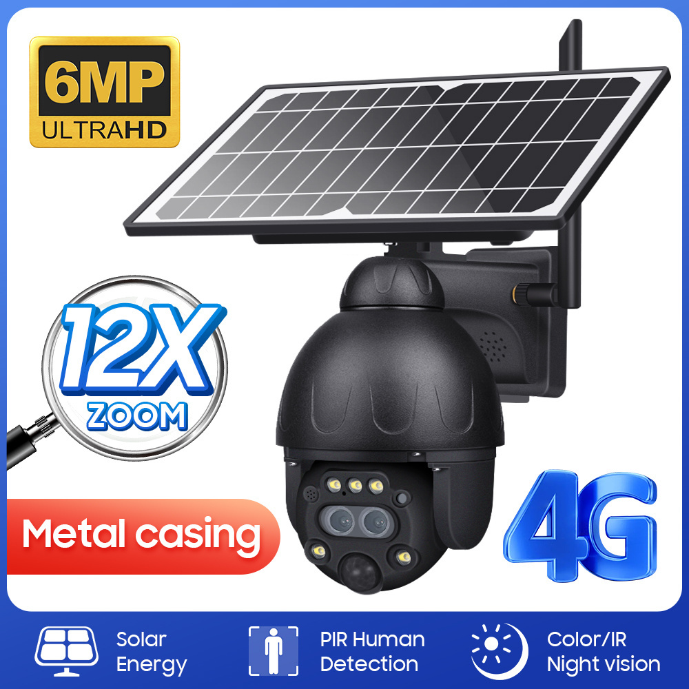 4G SIM Card Metal Casing 6MP Night Vision 12X Zoom 3MP+3MP Dual Lens Outdoor 4G Solar Powered Camera Built-in Battery