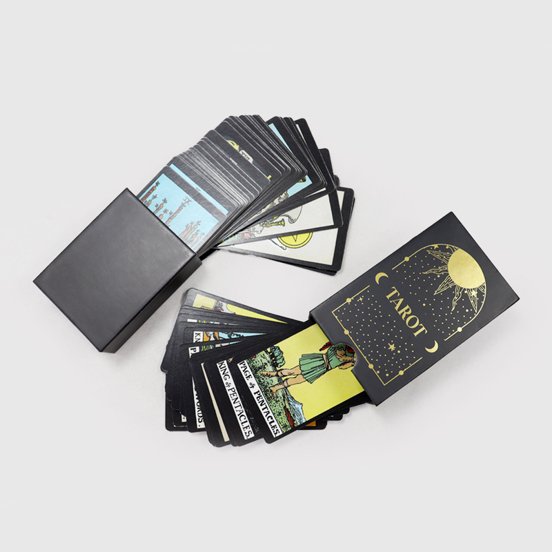 China Factory Printed Drawer Cool Black Tarot Cards Luxury Foil Gold Tarot Cards Deck With Guidebook Divination Game