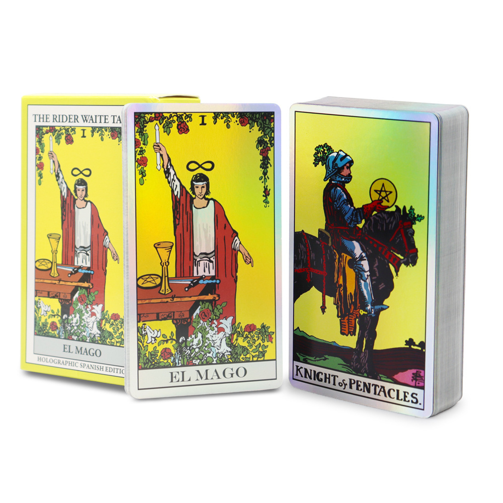 Factory customize printed holographic original Spanish version rider tarot card printing durable yellow tarot cards