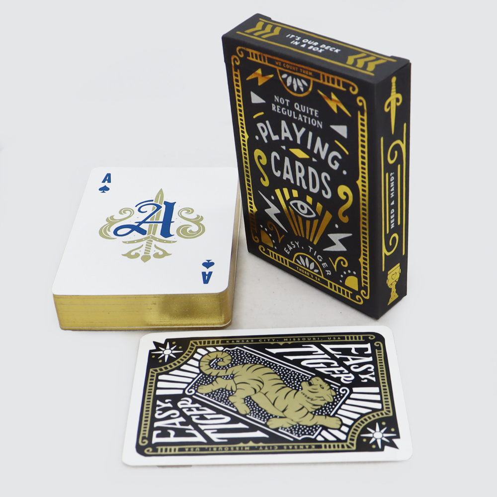 Custom printed your logo high quality black gold edge playing cards printing make advertising tiger gold foil playing card