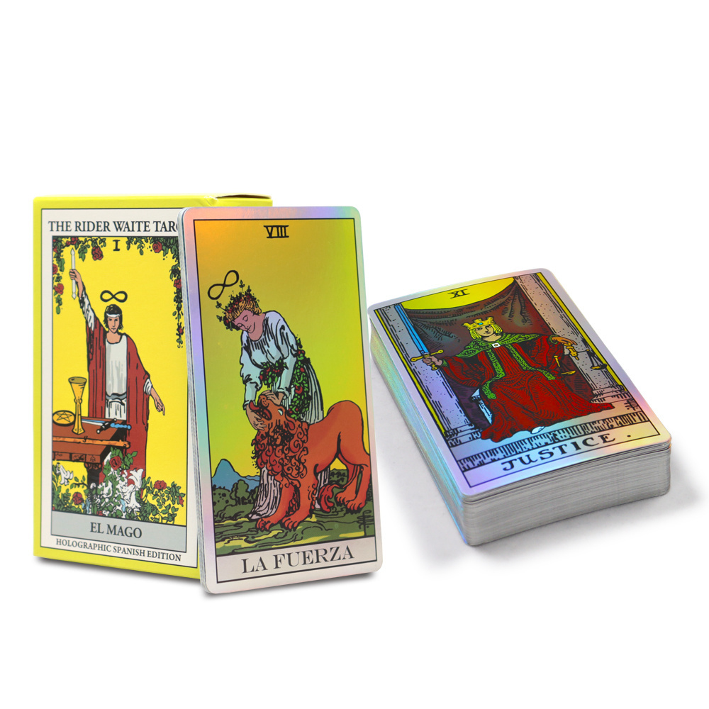 Factory customize printed holographic original Spanish version rider tarot card printing durable yellow tarot cards