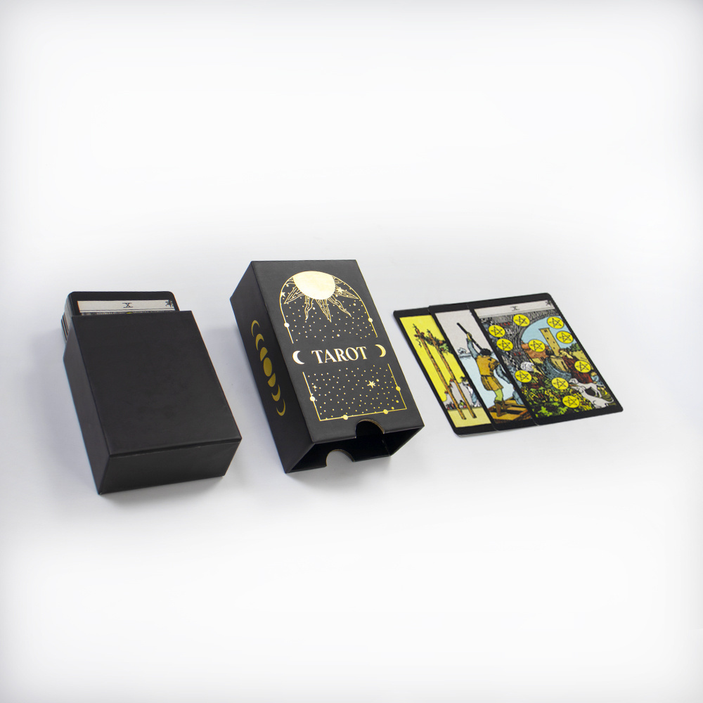 China Factory Printed Drawer Cool Black Tarot Cards Luxury Foil Gold Tarot Cards Deck With Guidebook Divination Game