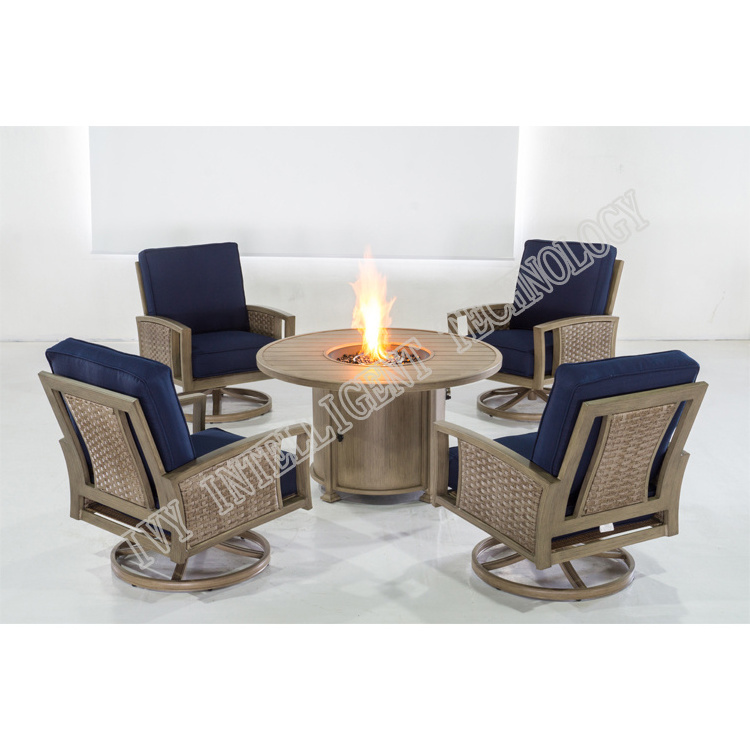 Courtyard Patio Furniture Outdoor Dining Table Set Aluminum Furniture Rattan Round Gas Fire Pit Tables With Four Swivel Chair