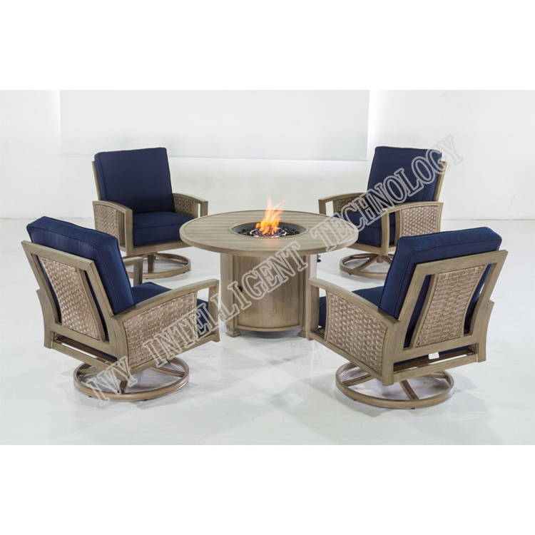 Courtyard Patio Furniture Outdoor Dining Table Set Aluminum Furniture Rattan Round Gas Fire Pit Tables With Four Swivel Chair