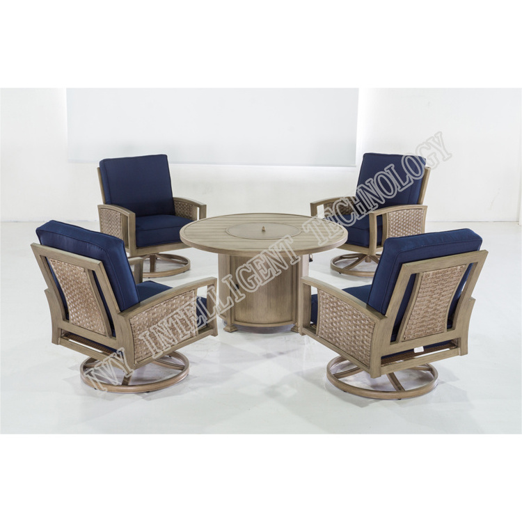 Courtyard Patio Furniture Outdoor Dining Table Set Aluminum Furniture Rattan Round Gas Fire Pit Tables With Four Swivel Chair