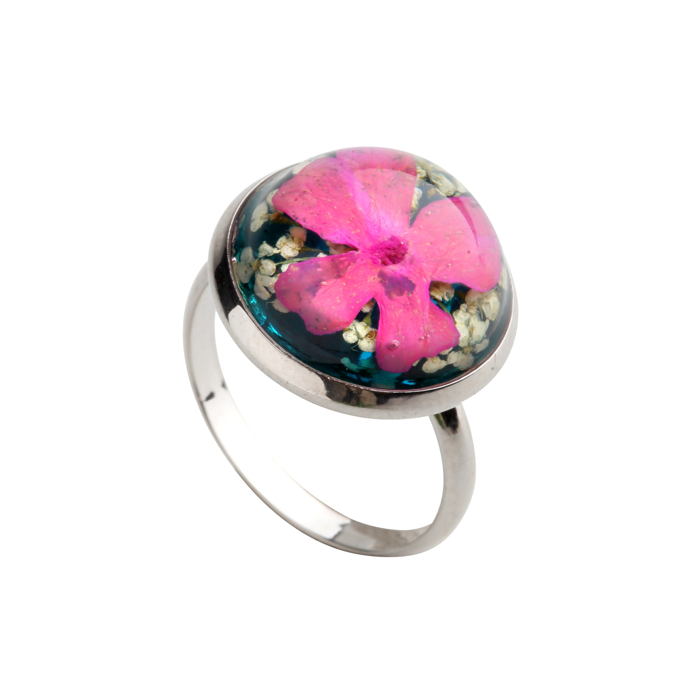 Imitated crystal copper silver color real flower finger ring for lady