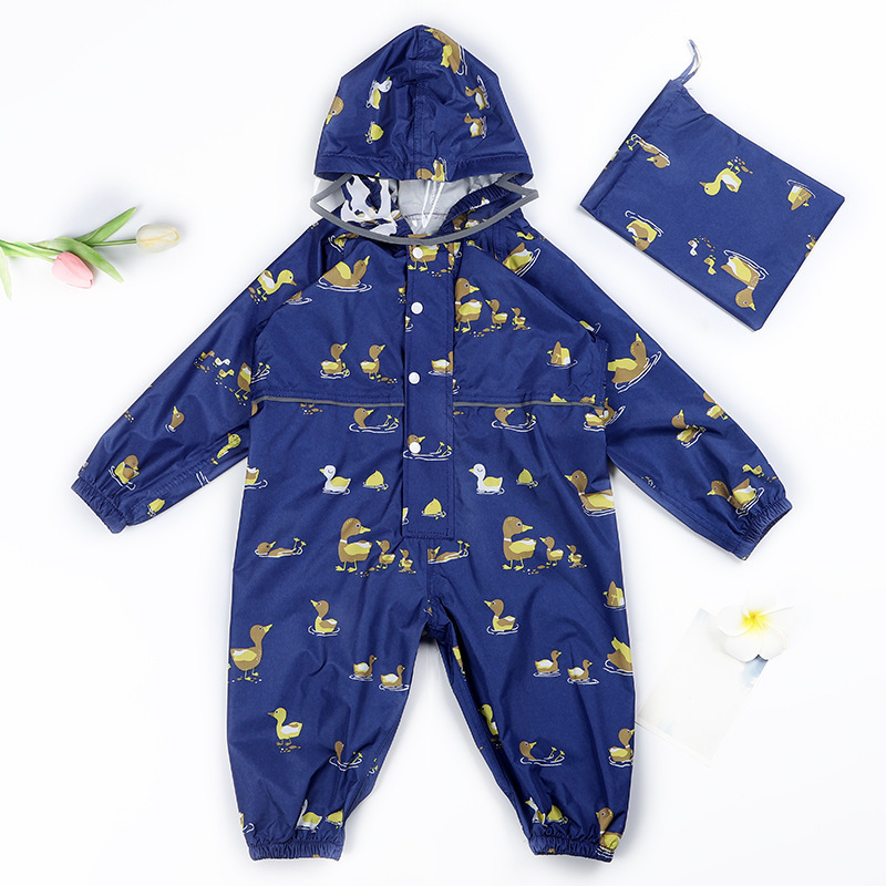 Kids Rain Suit for Boys Girls One Piece Hoodie Zipper Cartoon Waterproof Coverall Toddler Rain Jacket non-one-time rain poncho