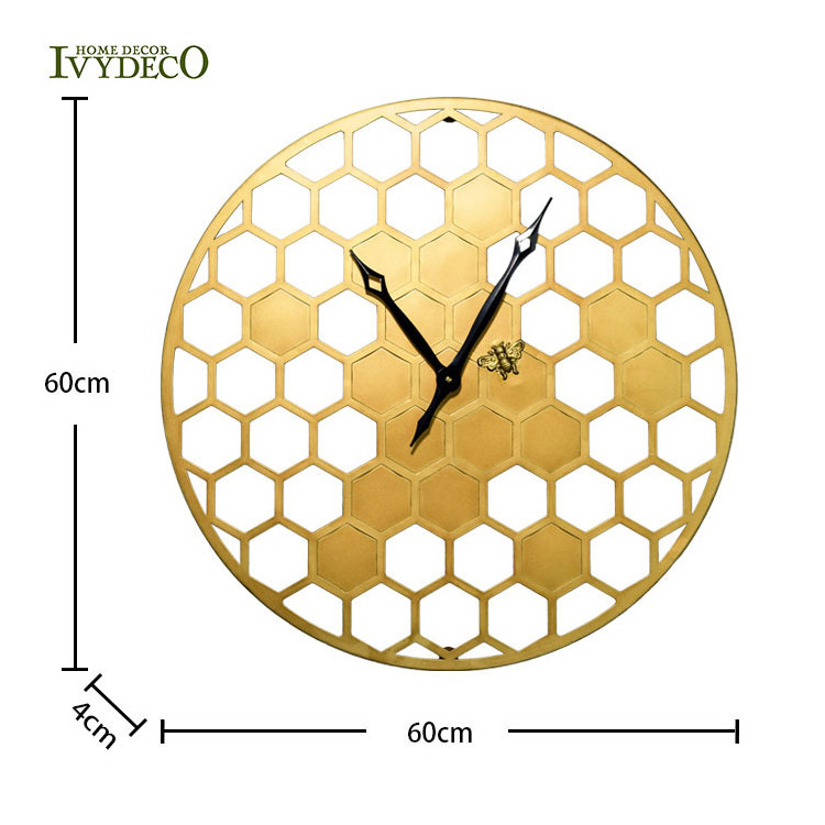 IVYDECO Modern Gold Honeycomb Wall Clock Home Decorative With 3D Bee decoration For Luxury Wall Clock