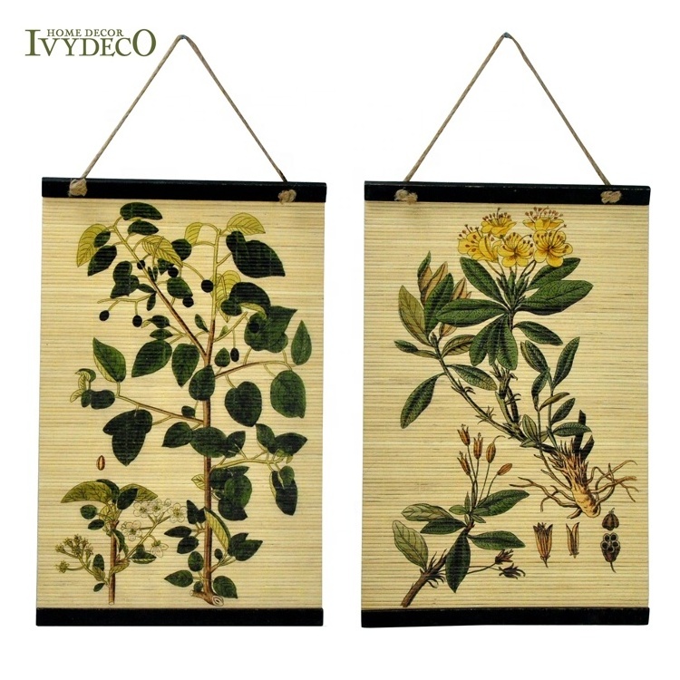 IVYDECO StyleCraft Bamboo Product Digital Print of Bird Plant Tree on Bamboo Wall Art Bamboo Curtain Wall Hanging with Hemp Rope