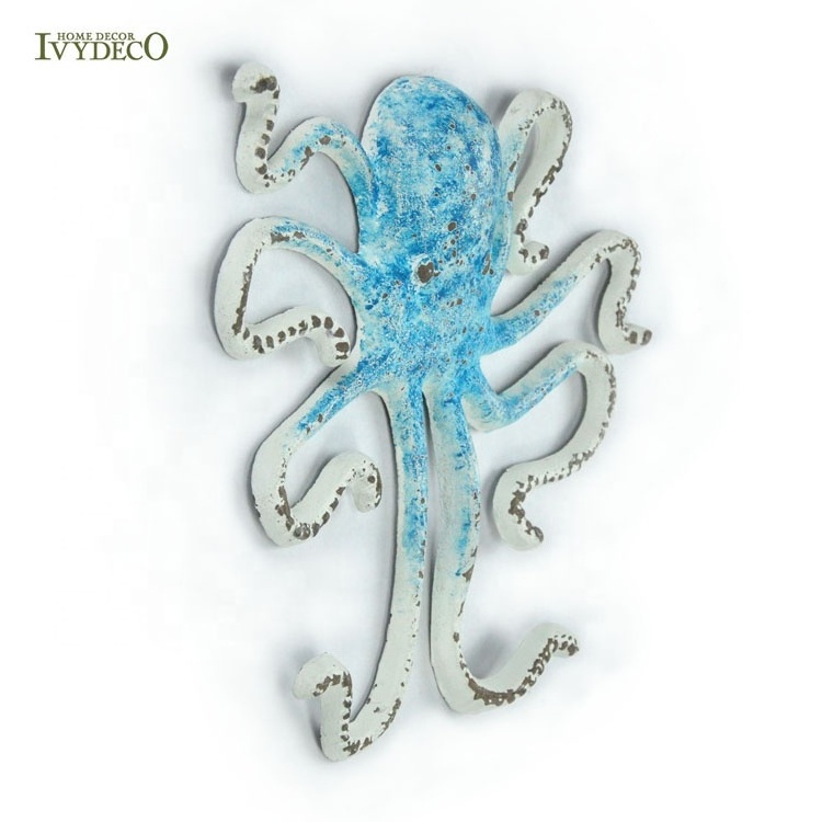 IVYDECO Ocean Series Metal Art Wall Decor Octopus Metal Wall Art Iron Wall Decor Hooks