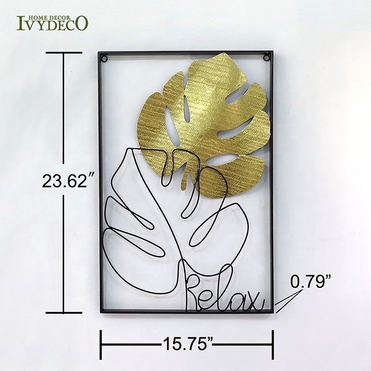 IVYDECO Luxury gold leaf metal wall art  Word metal frame 2 pieces leaves decoration home hotel metal wall decor