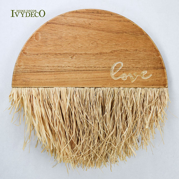 IVYDECO Natural Jungle Round Wood Reed Grass Skirts Hanging Decor Wall Art Living Room Interior Home Decorations