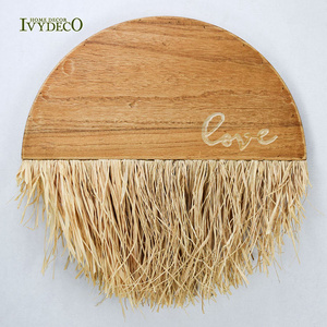 IVYDECO Natural Jungle Round Wood Reed Grass Skirts Hanging Decor Wall Art Living Room Interior Home Decorations