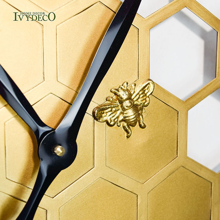 IVYDECO Modern Gold Honeycomb Wall Clock Home Decorative With 3D Bee decoration For Luxury Wall Clock